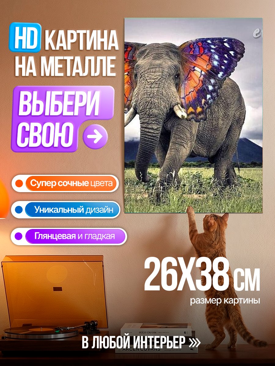 Картина на металле Слон с крыльями бабочки