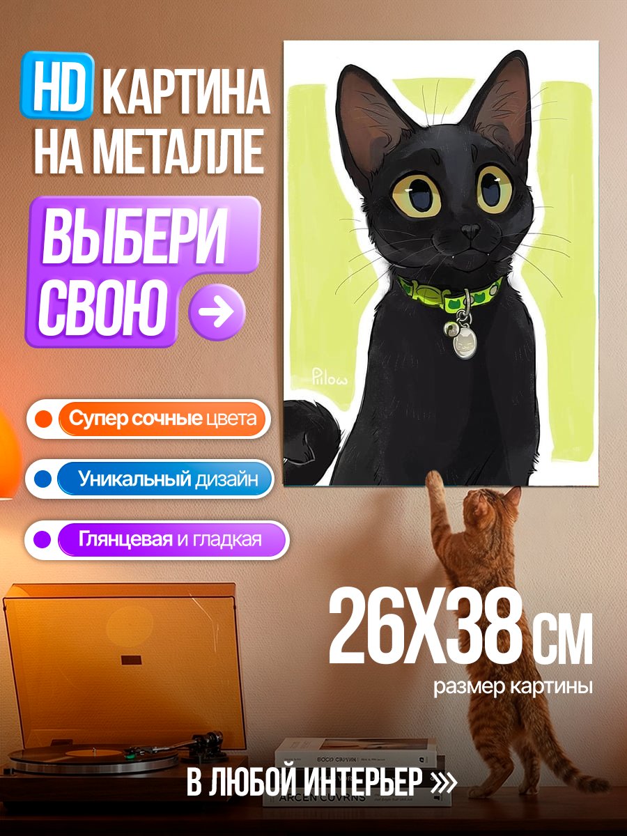 Картина на металле Черный кот с ошейником
