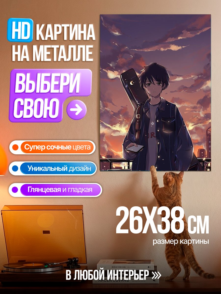 Картина на металле Парень с гитарой на закате