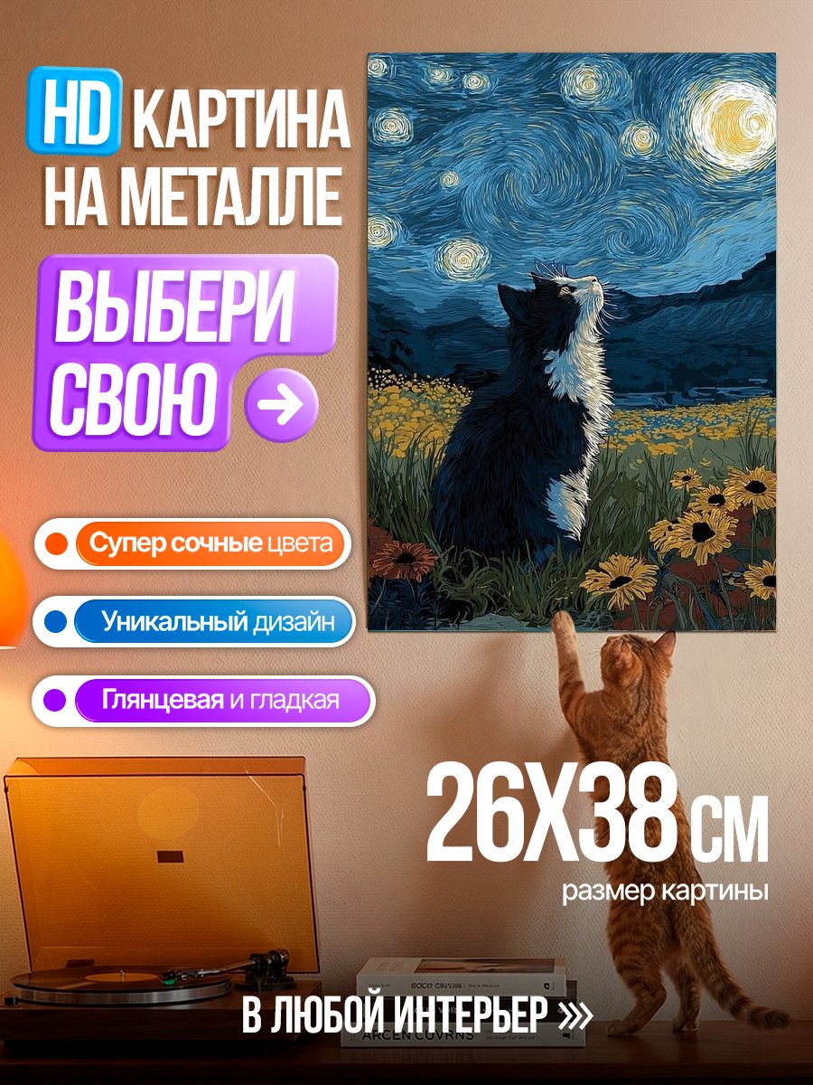 Картина на металле Кот под звездами
