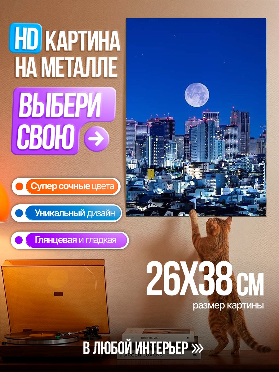 Картина на металле Ночной город и луна