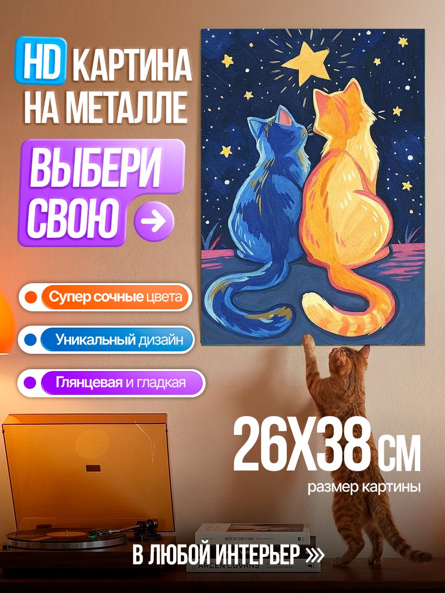 Картина на металле Два кота под звездами