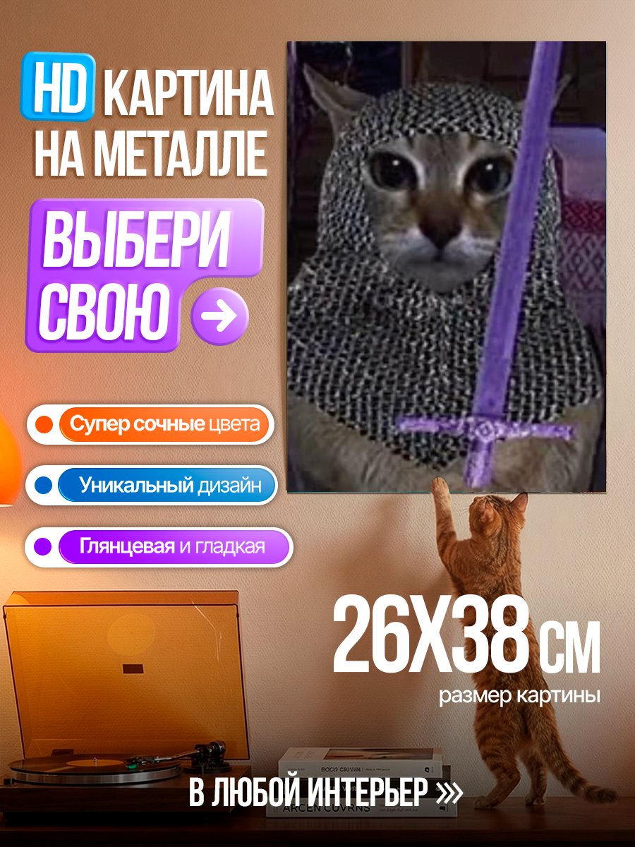 Картина на металле Кот-рыцарь с мечом