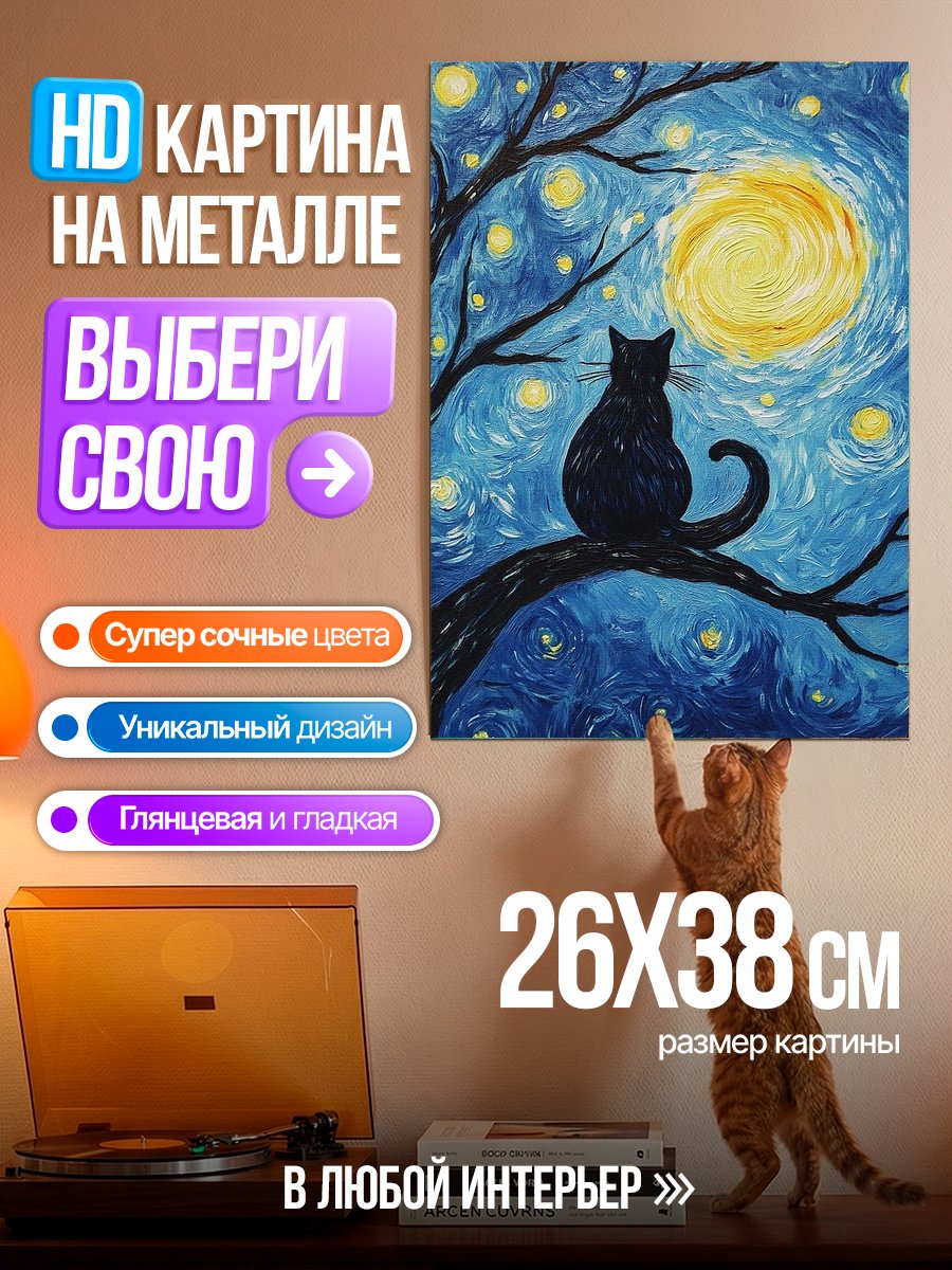 Картина на металле Черный кот ночь