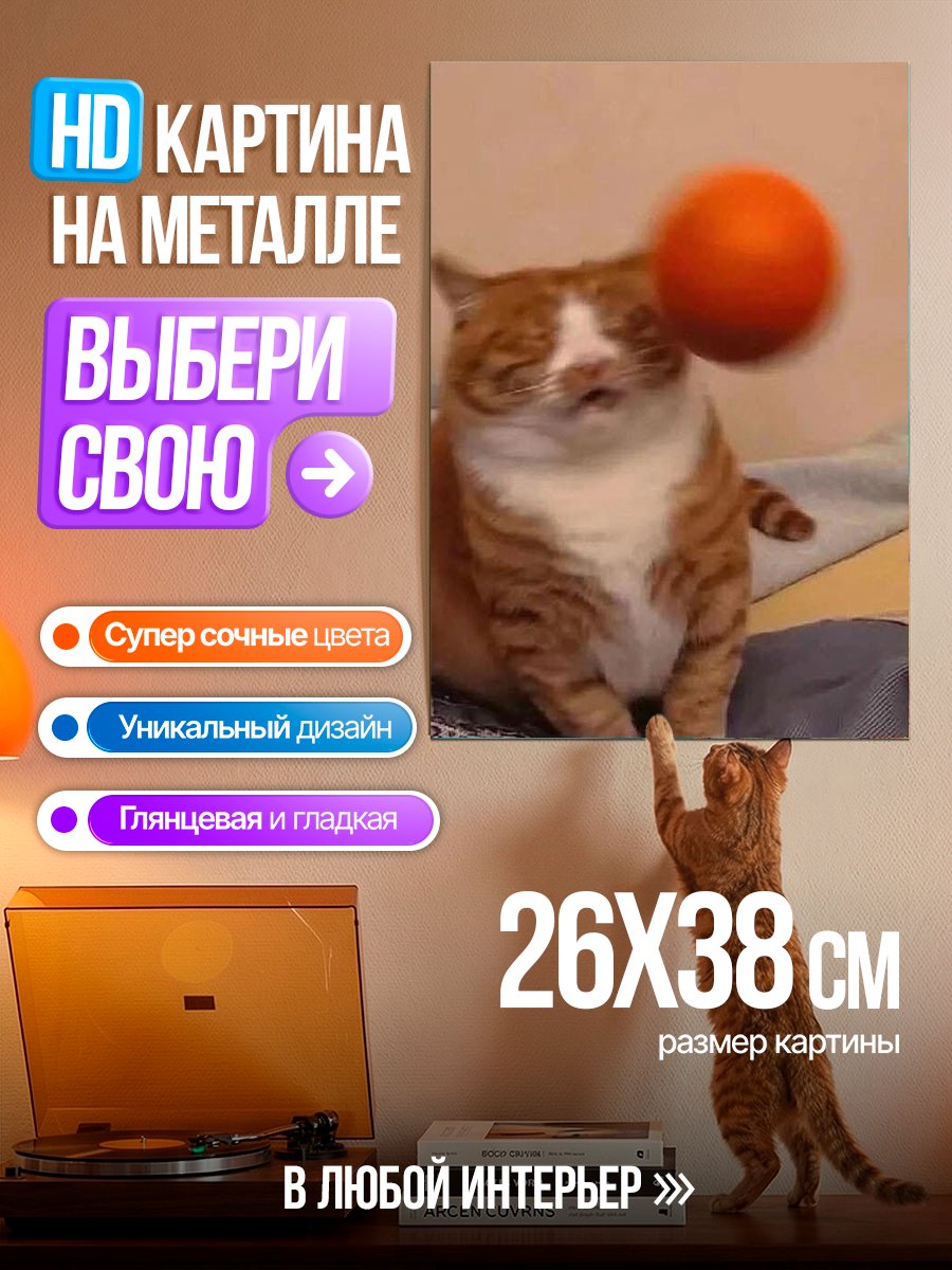Картина на металле Кот и мяч