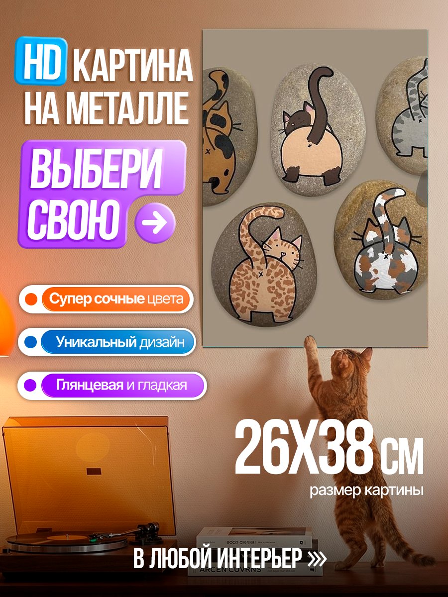 Картина на металле Котики на камнях