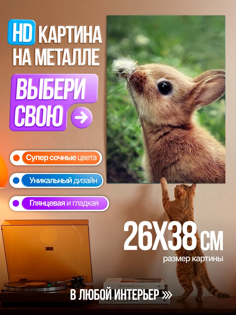 Картина на металле Кролик с одуванчиком