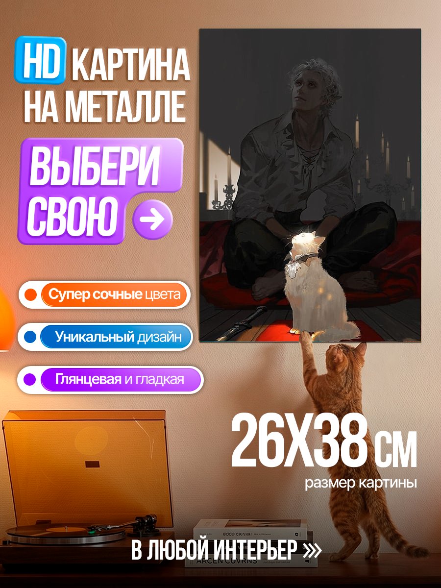 Картина на металле Парень с белым котом
