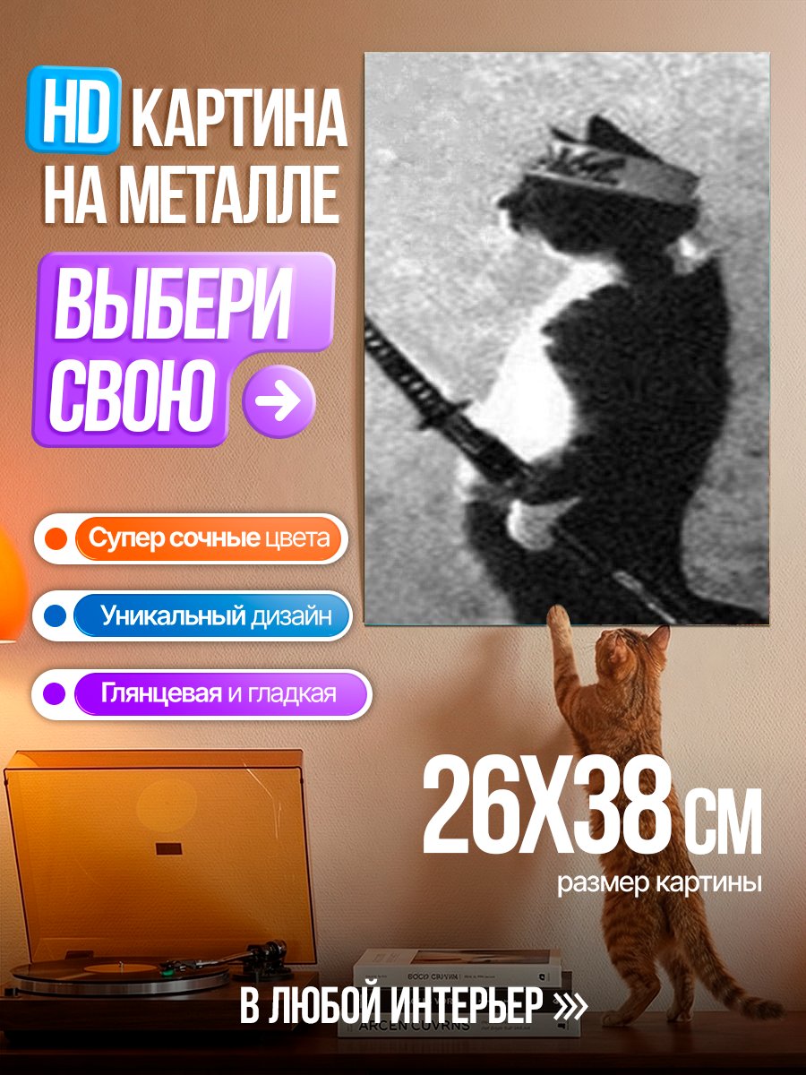 Картина на металле Кот самурай