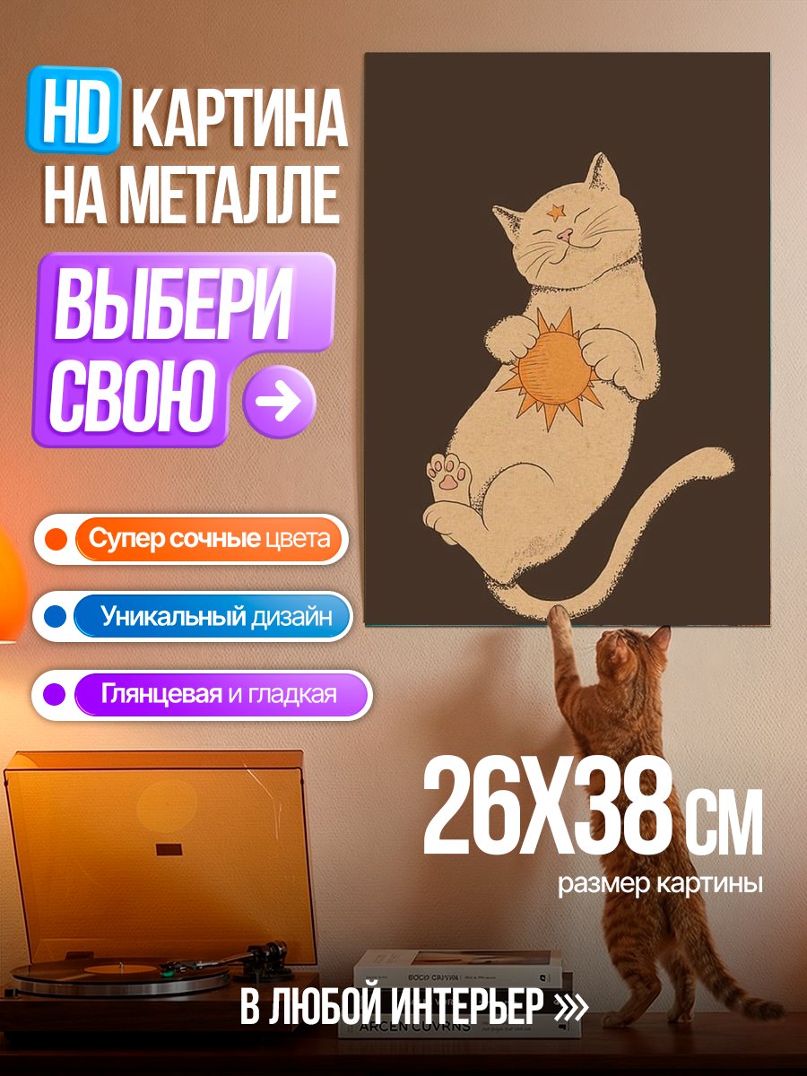 Картина на металле Кот с солнцем