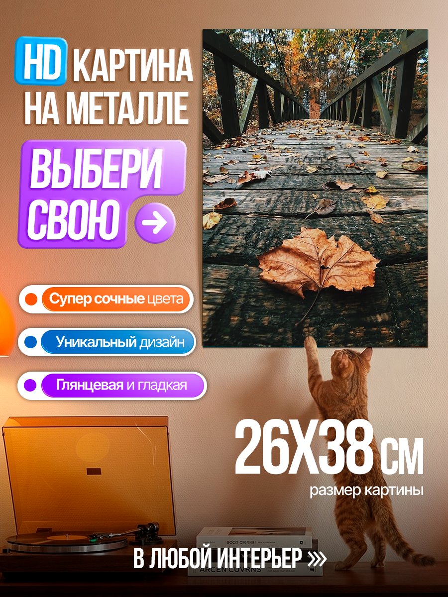 Картина на металле Мост в осеннем лесу