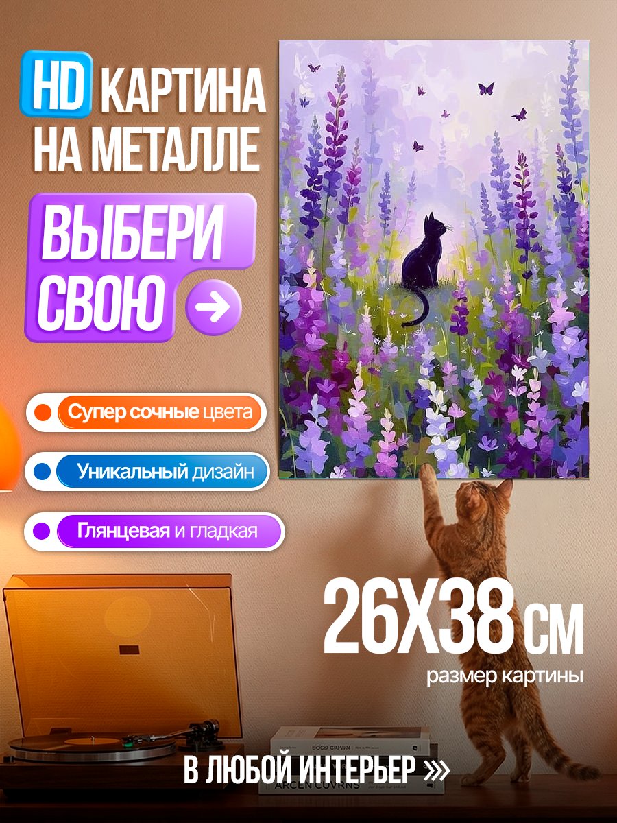 Картина на металле Черный кот в лаванде