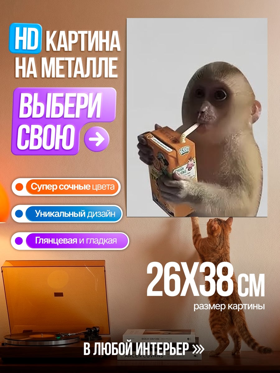 Картина на металле Обезьяна пьет сок