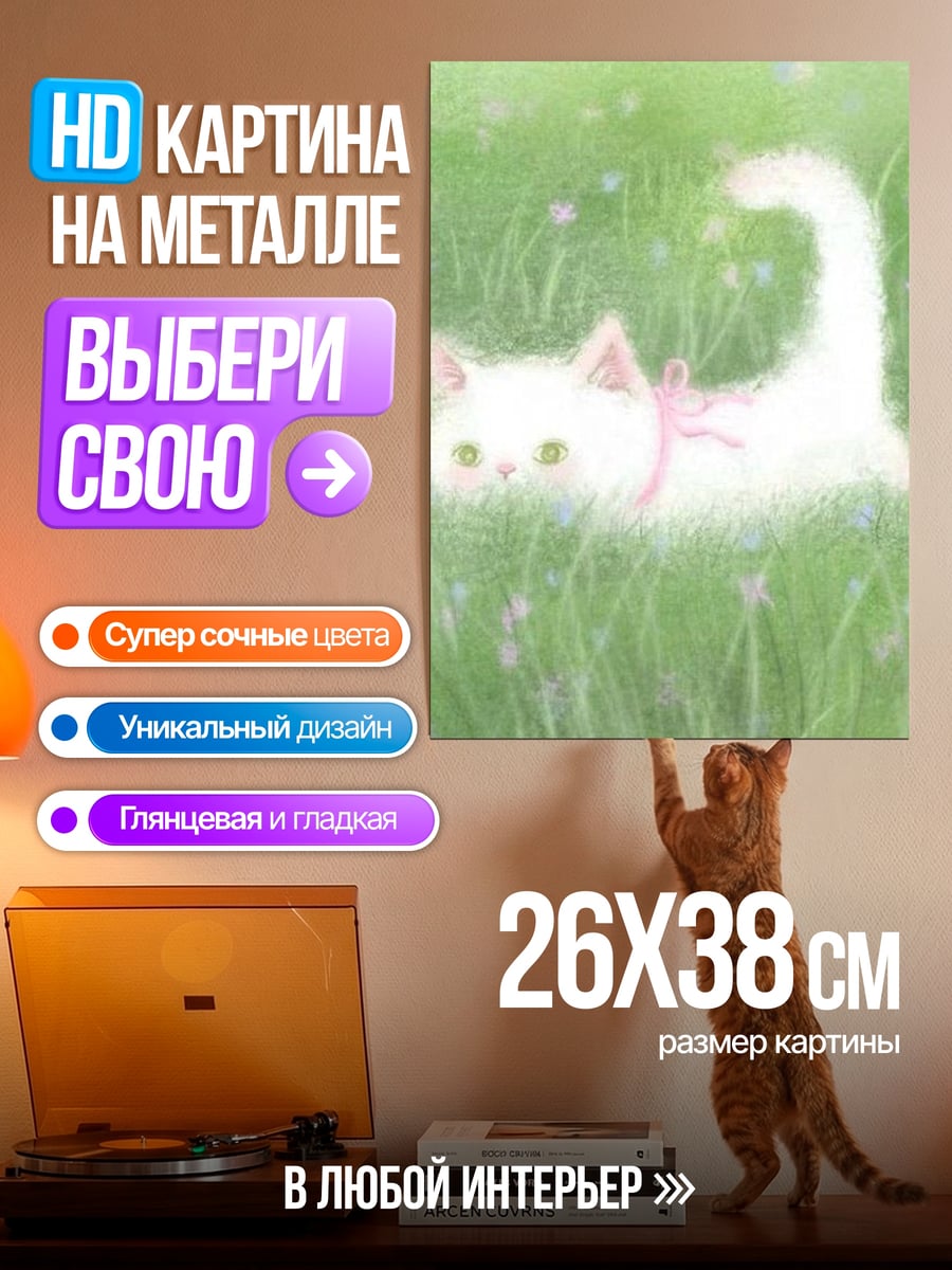 Картина на металле Белый котенок в траве