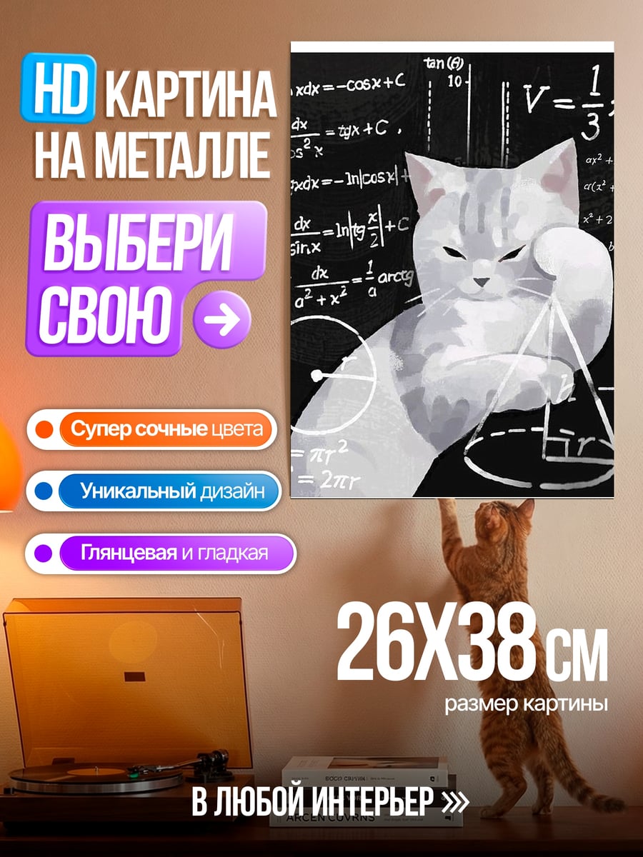 Картина на металле Кот решает задачу