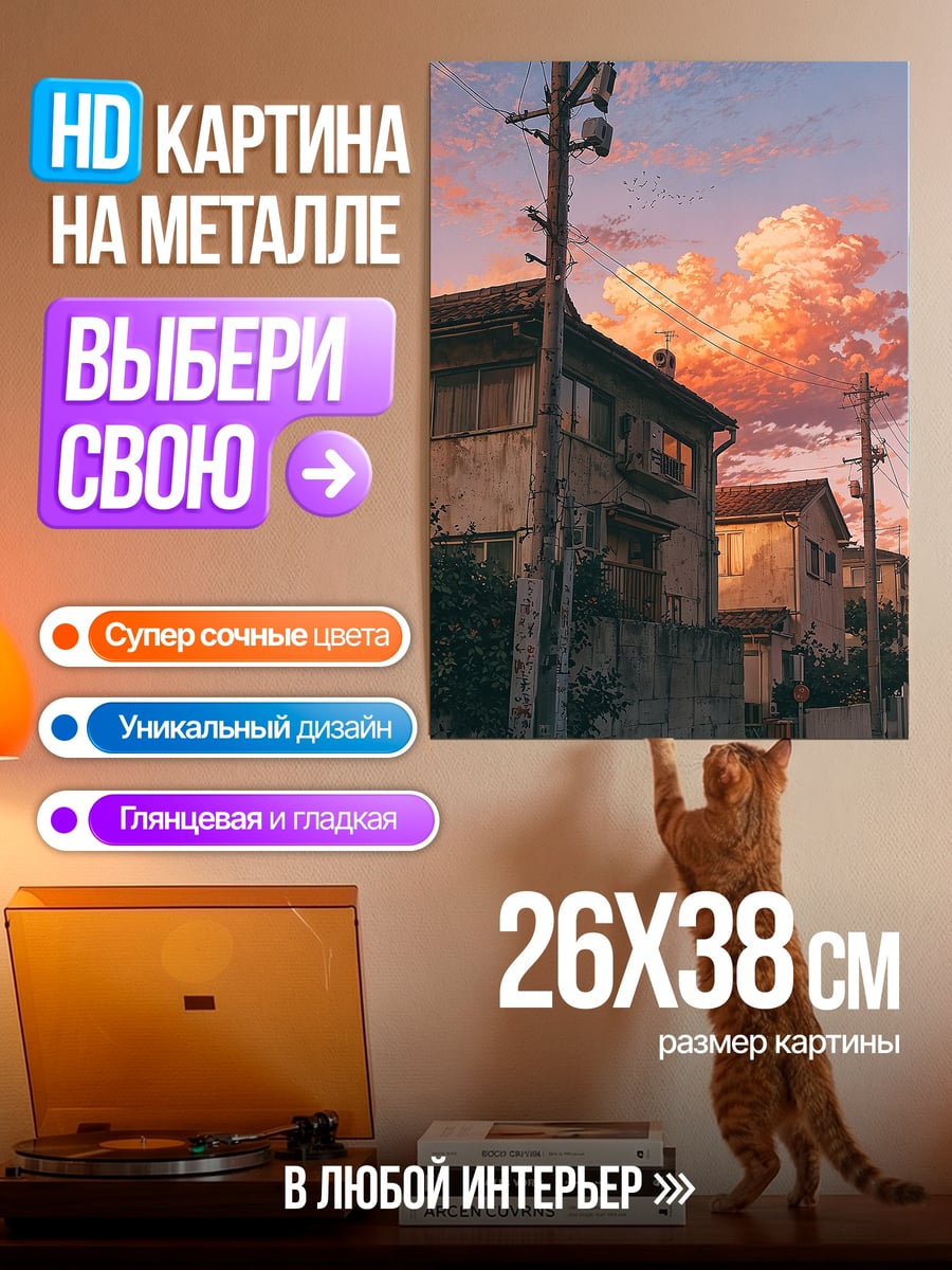 Картина на металле Закат над городом