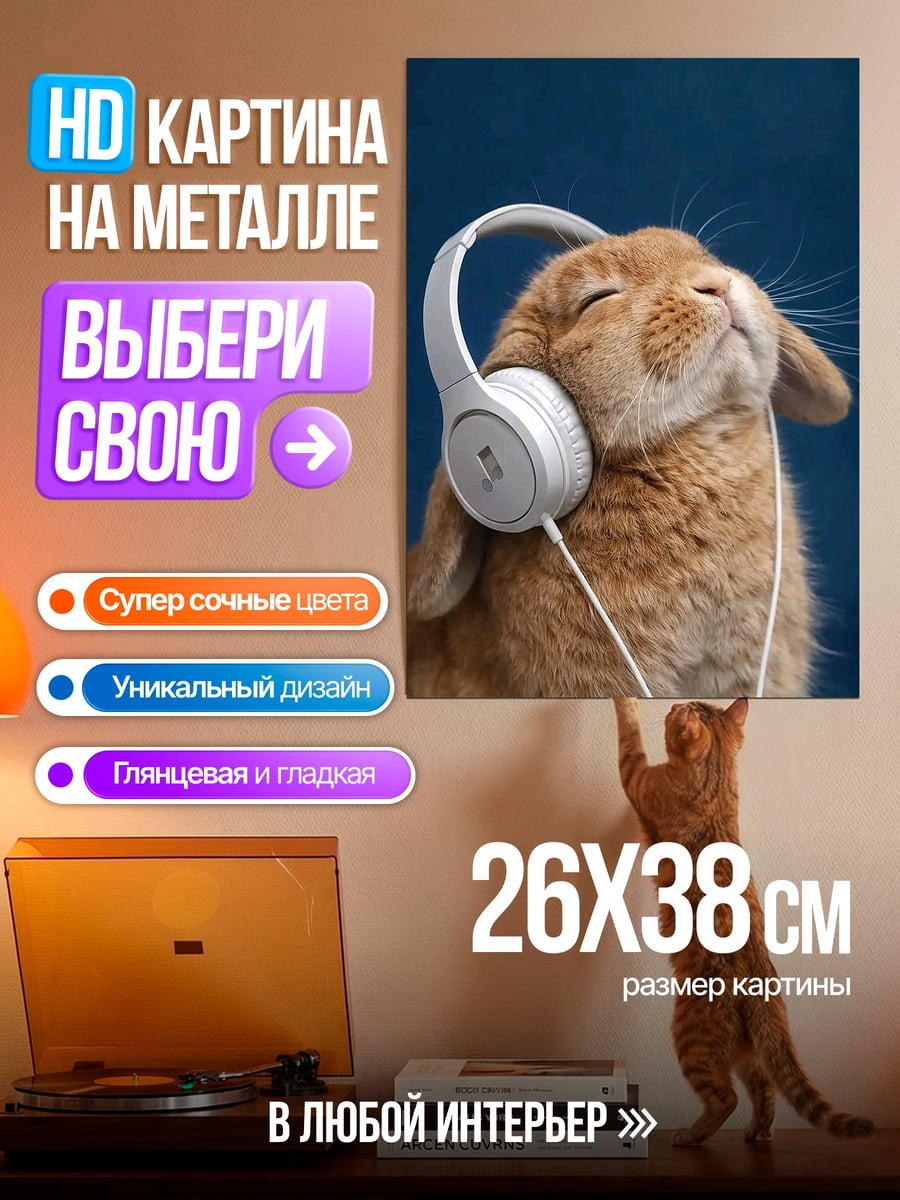 Картина на металле Кролик в наушниках