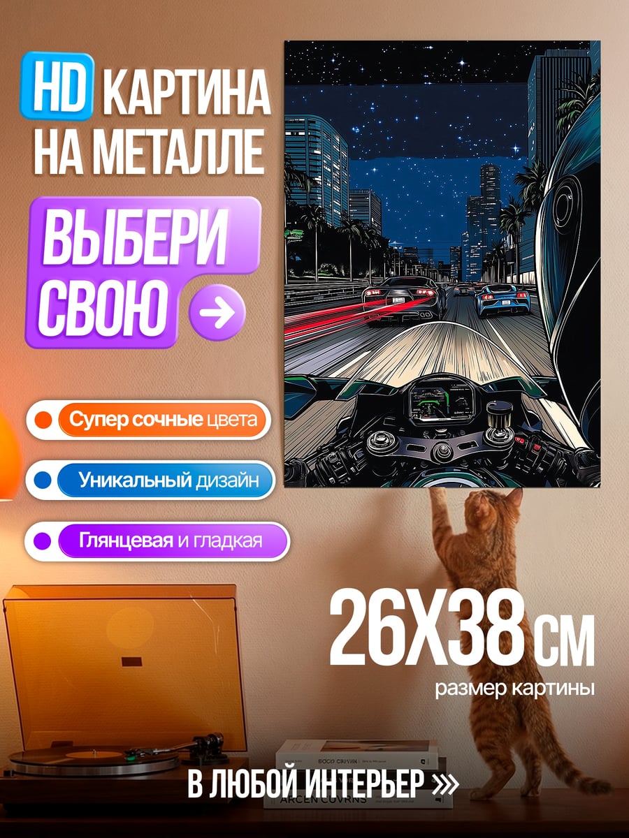 Картина на металле Ночная гонка на мотоцикле