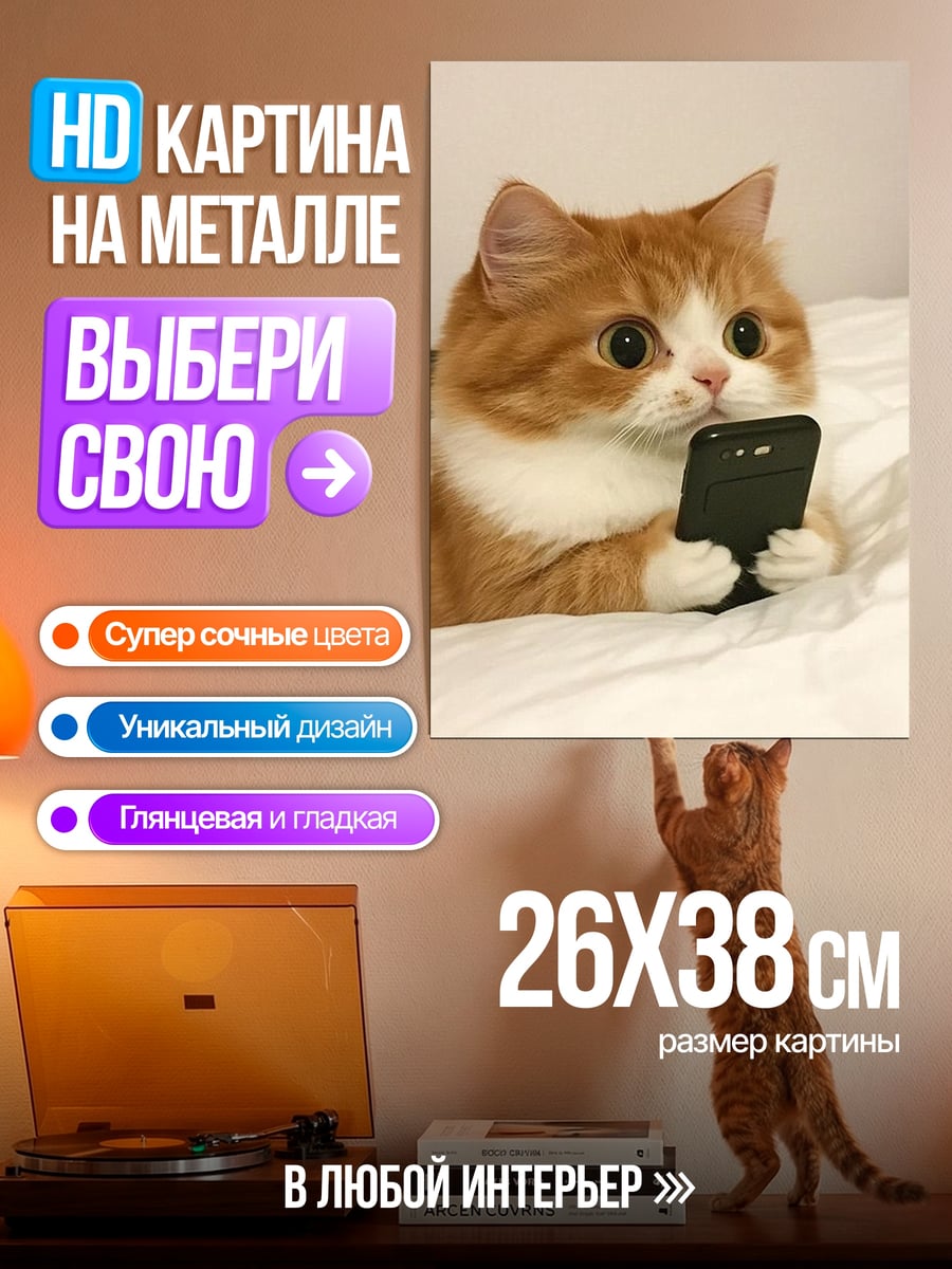 Картина на металле Кот с телефоном