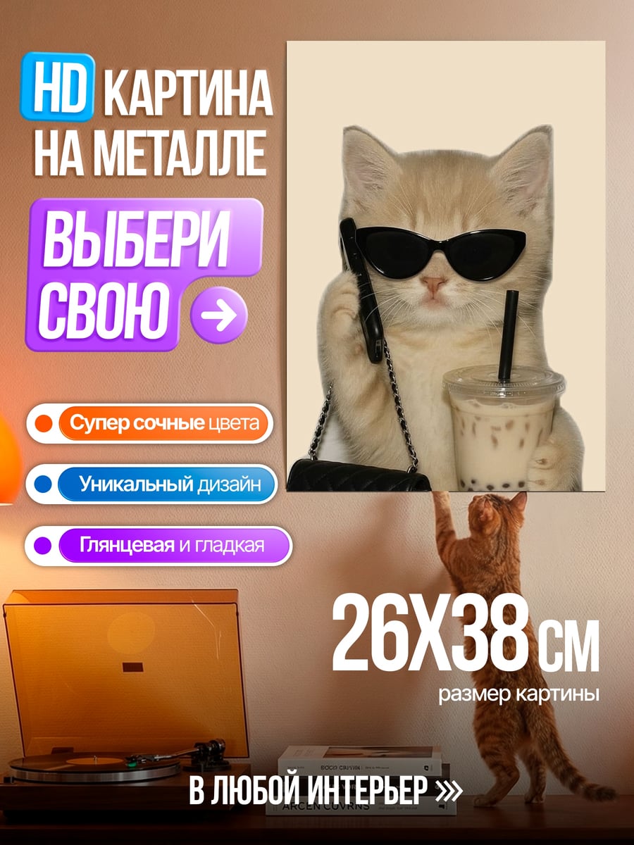 Картина на металле Стильная кошка с напитком
