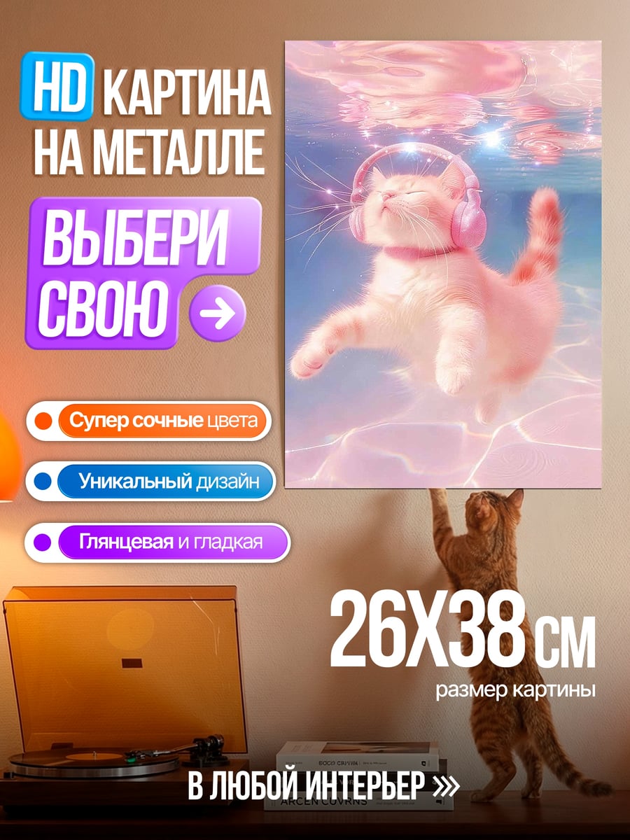 Картина на металле Кот в наушниках плавает