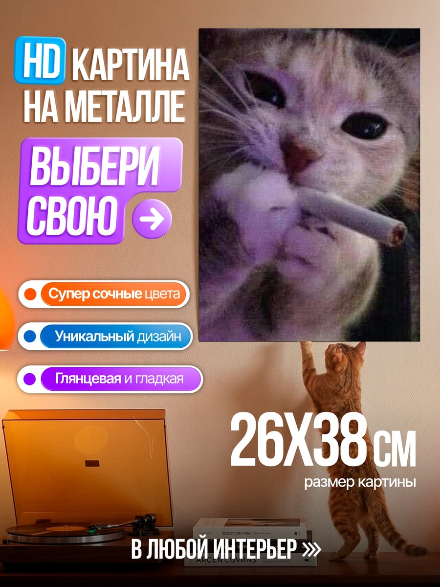 Картина на металле Кот с сигаретой