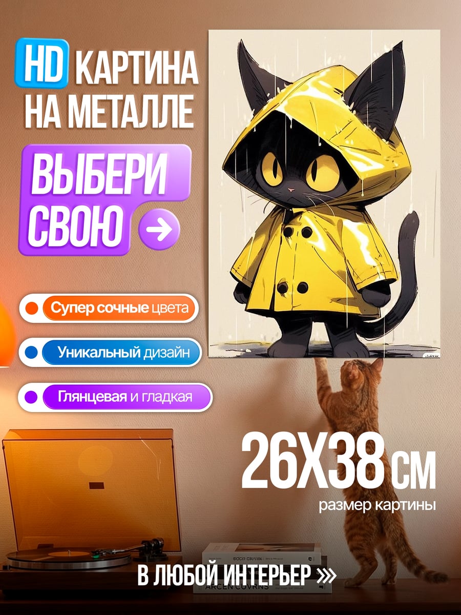 Картина на металле Кот в дождевике