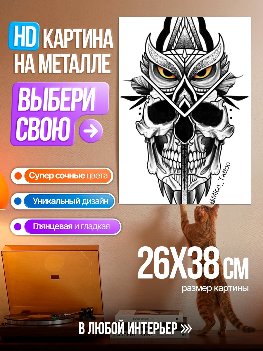 Картина на металле Череп совы