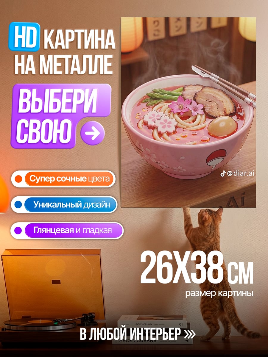 Картина на металле Розовый рамен с цветами