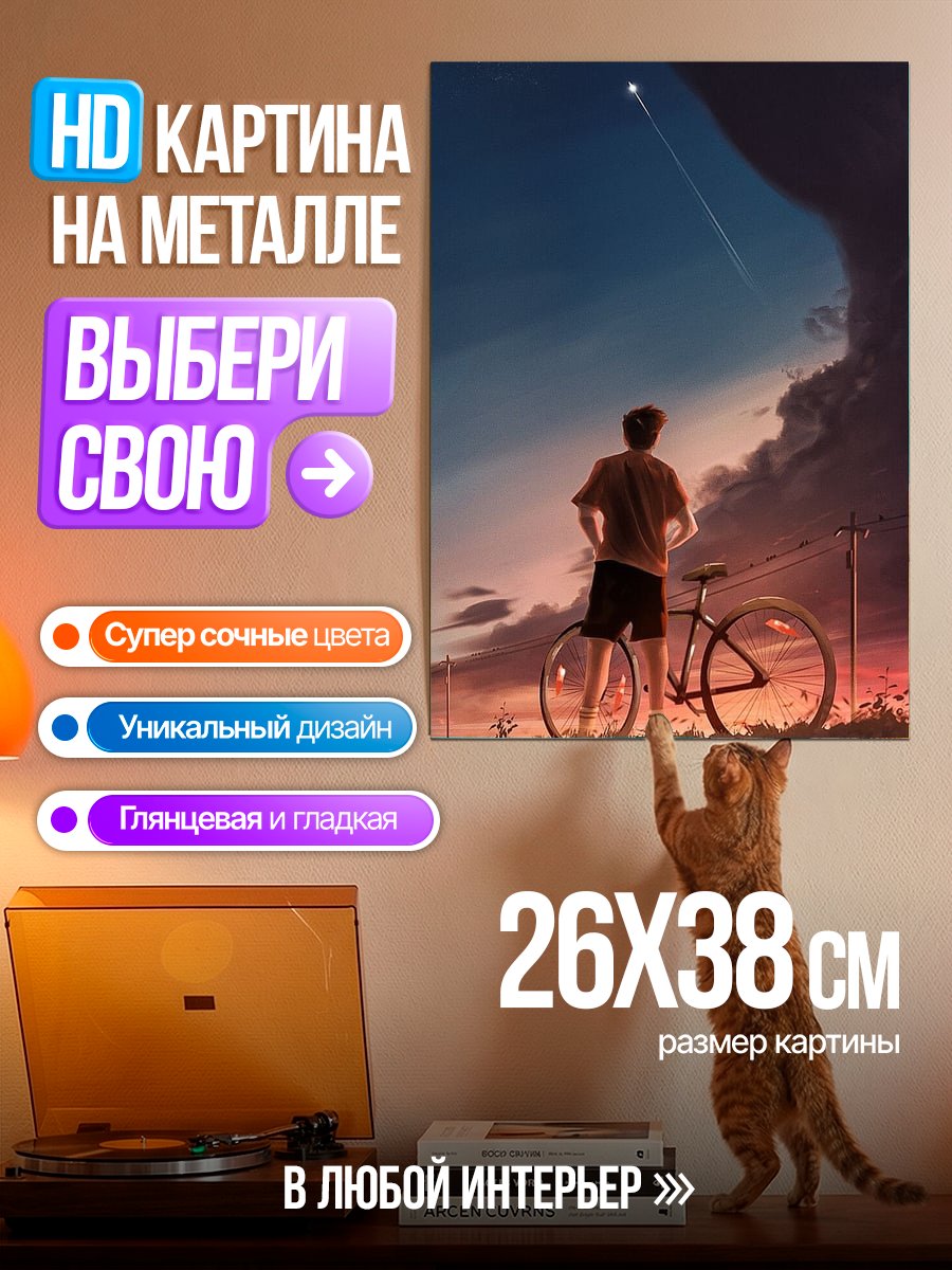 Картина на металле Парень с велосипедом