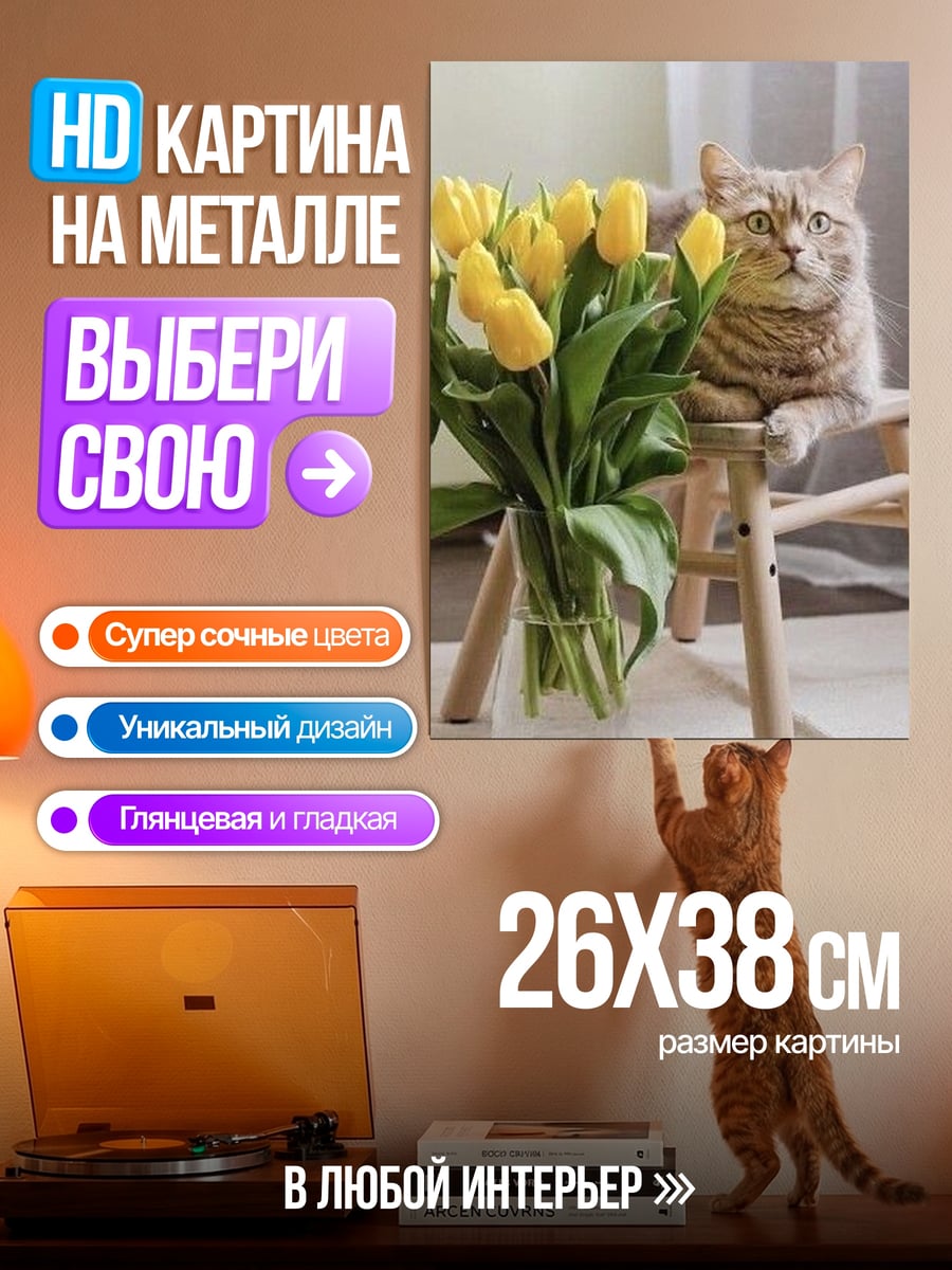 Картина на металле Кот с тюльпанами