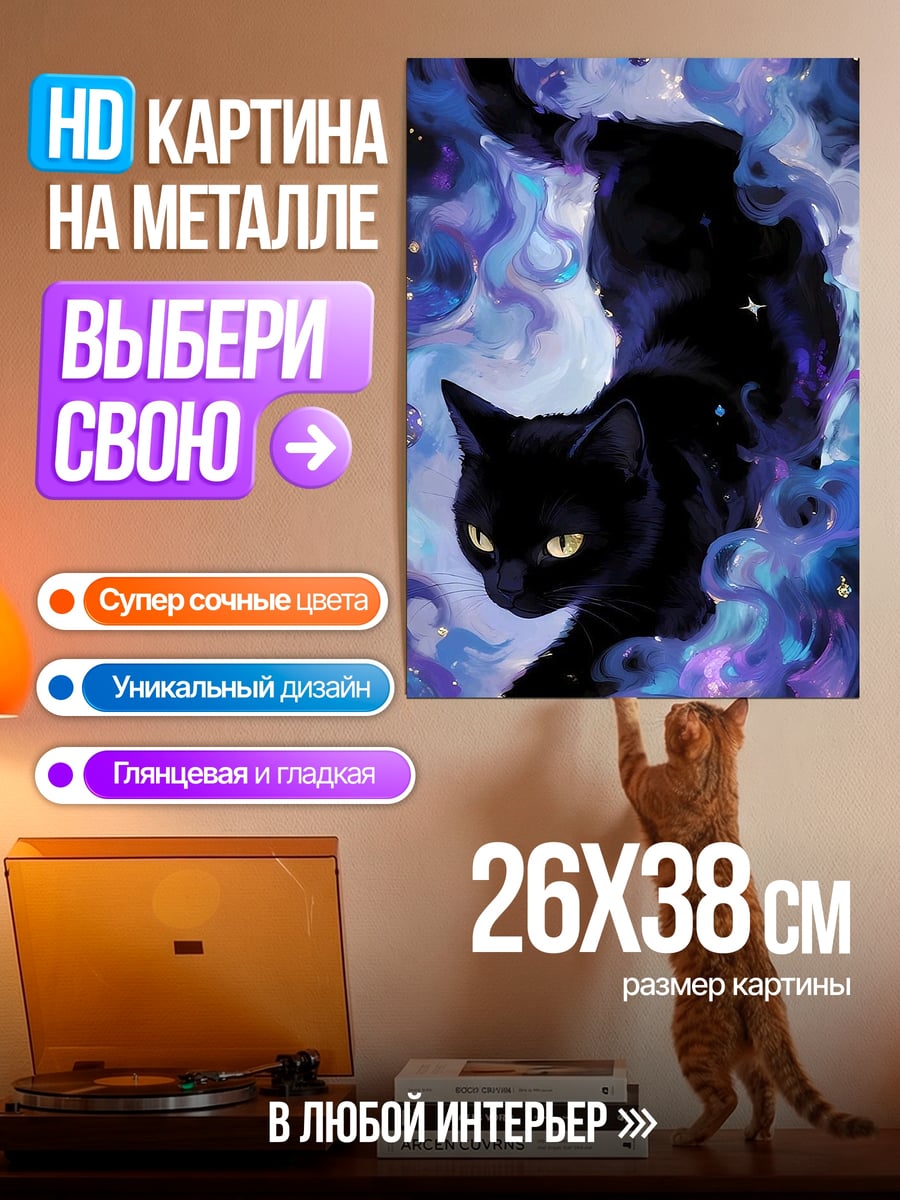 Картина на металле Черная кошка космос