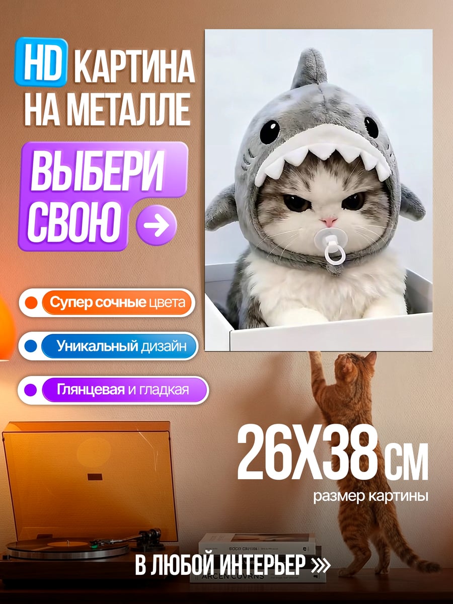 Картина на металле Кот в костюме акулы