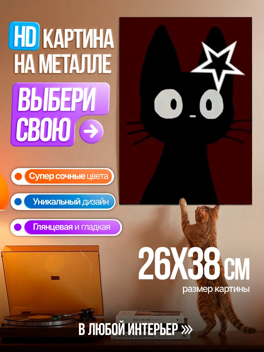 Картина на металле Черный кот звезда