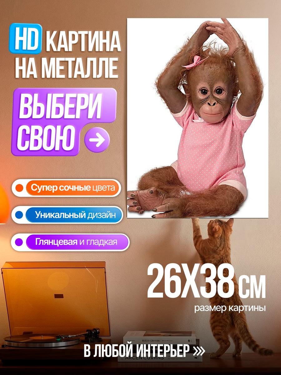 Картина на металле Орангутан в розовом