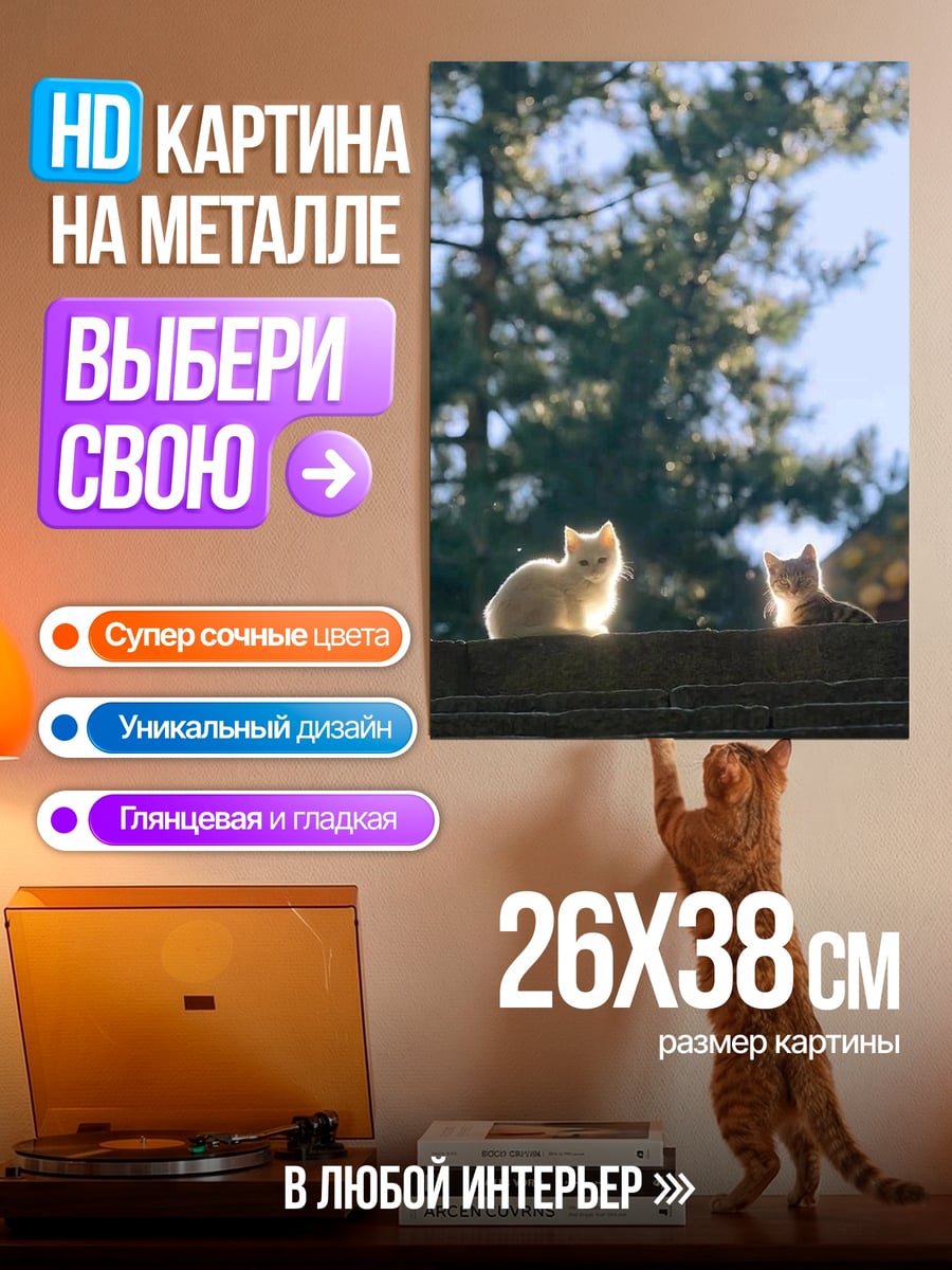 Картина на металле Два котенка на заборе