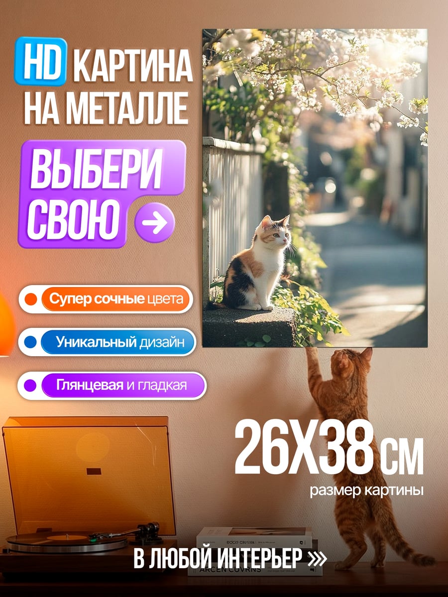 Картина на металле Кот под сакурой