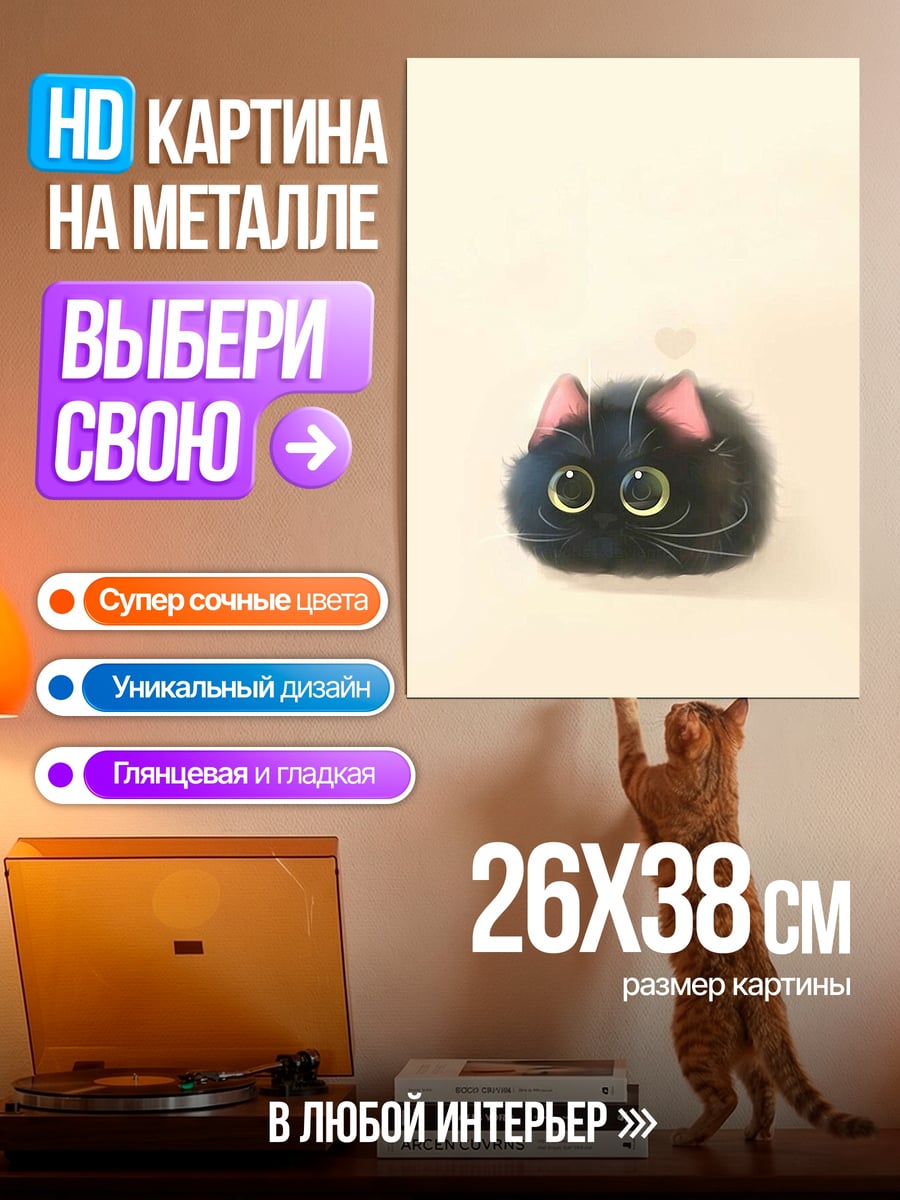Картина на металле Черный пушистый кот
