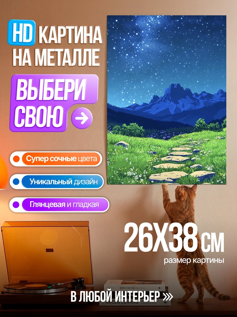 Картина на металле Звездная ночь над полем