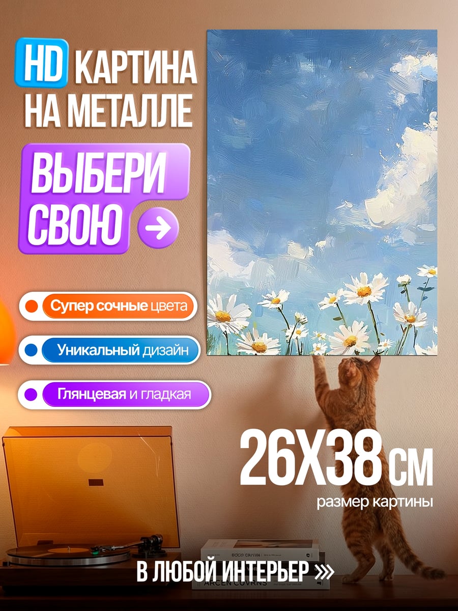 Картина на металле Летний луг с ромашками