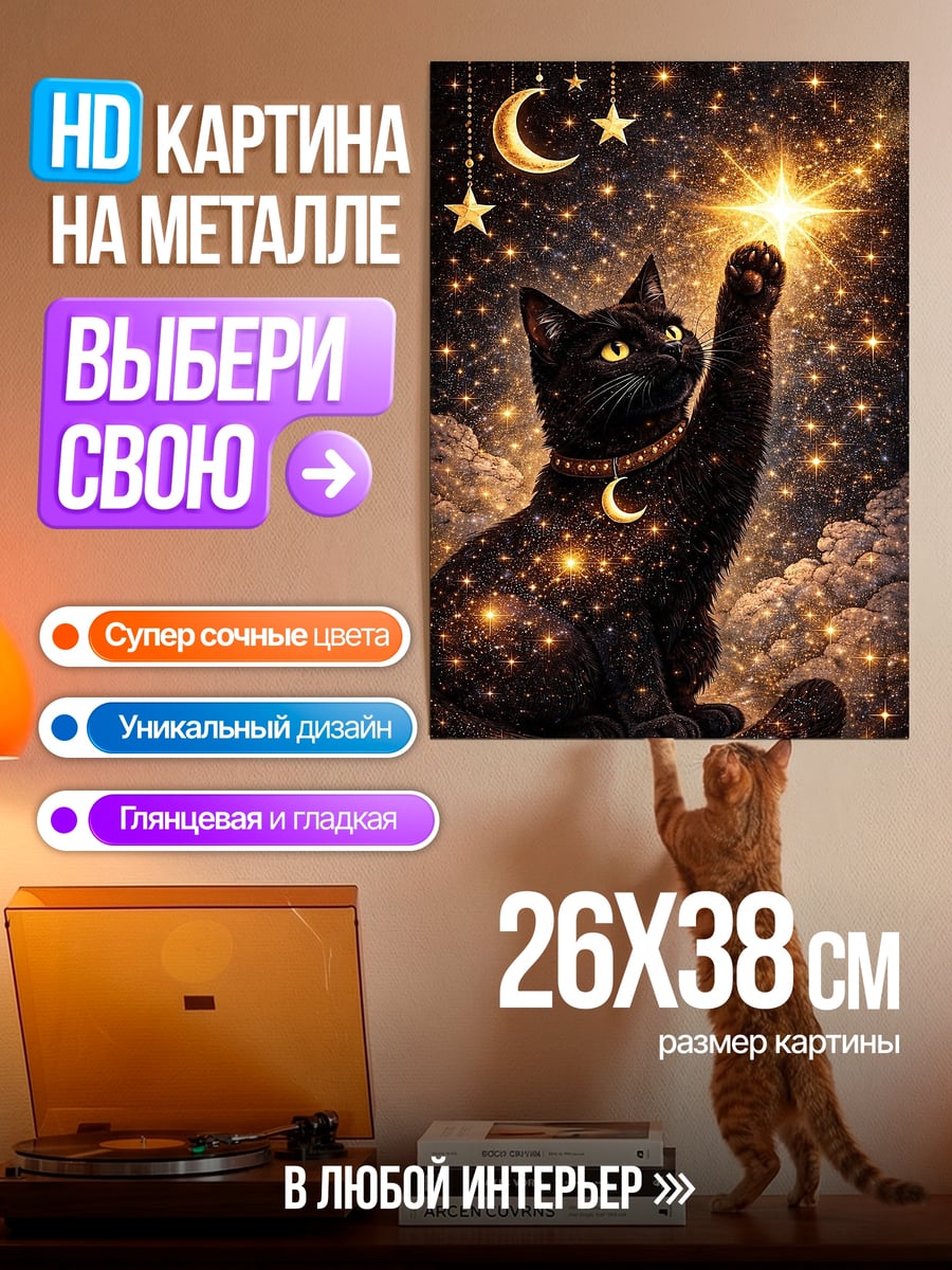 Картина на металле Черный кот и звезды