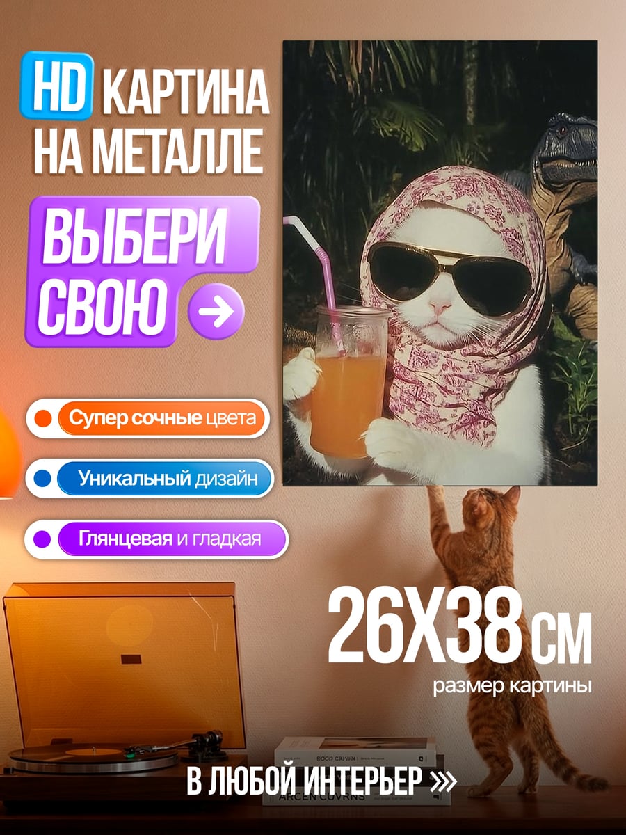 Картина на металле Кот в очках и панаме