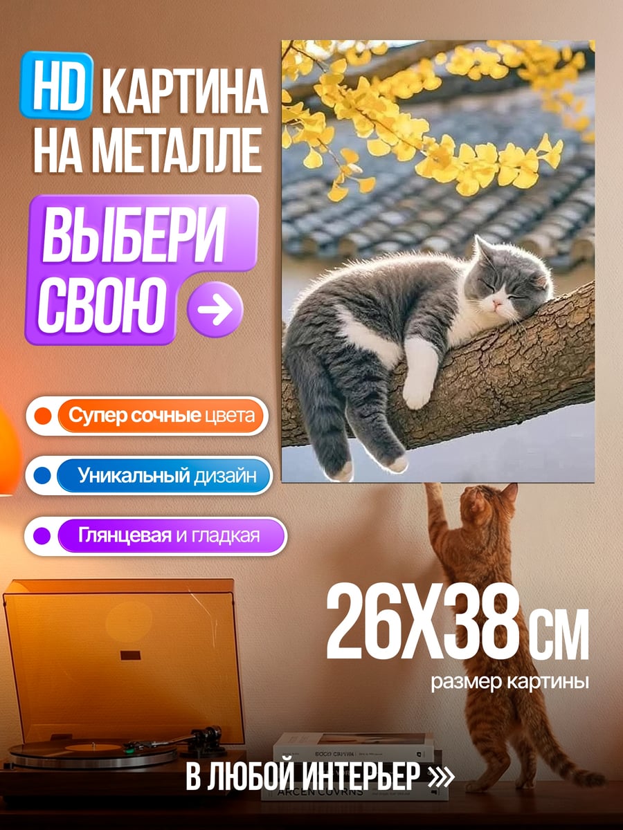Картина на металле Кот на ветке осень