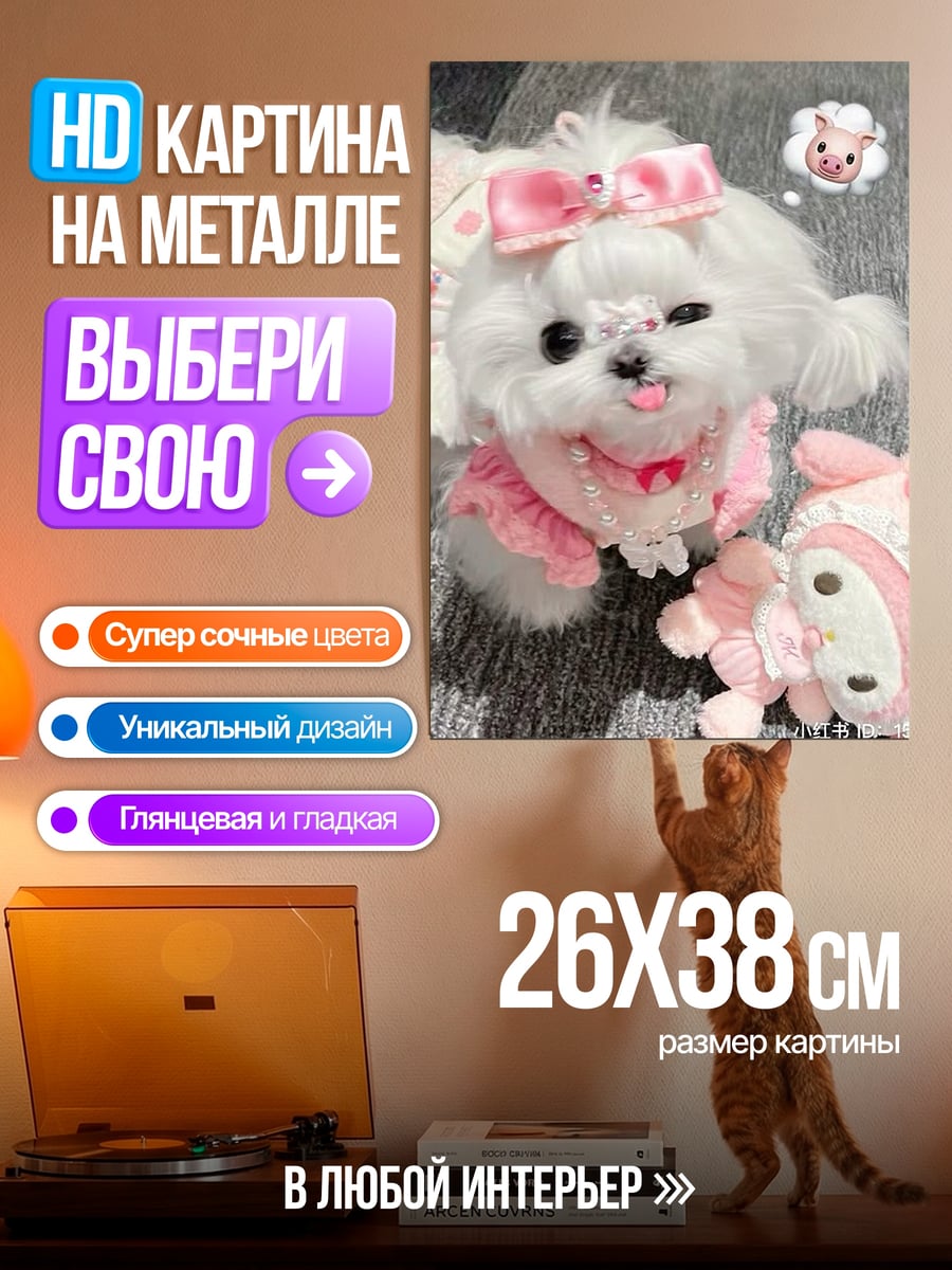 Картина на металле Белая собачка с бантиком