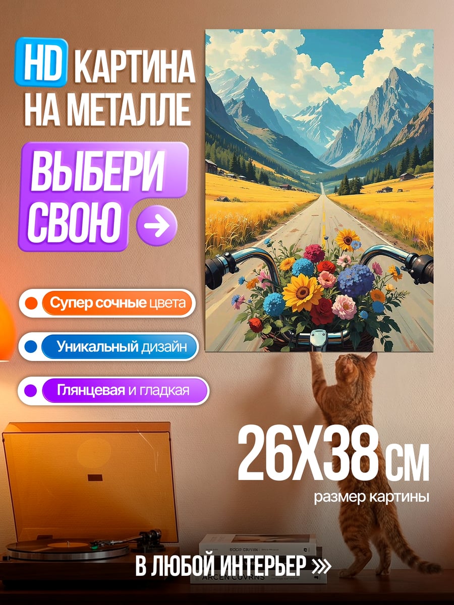 Картина на металле Велосипед с цветами в горах