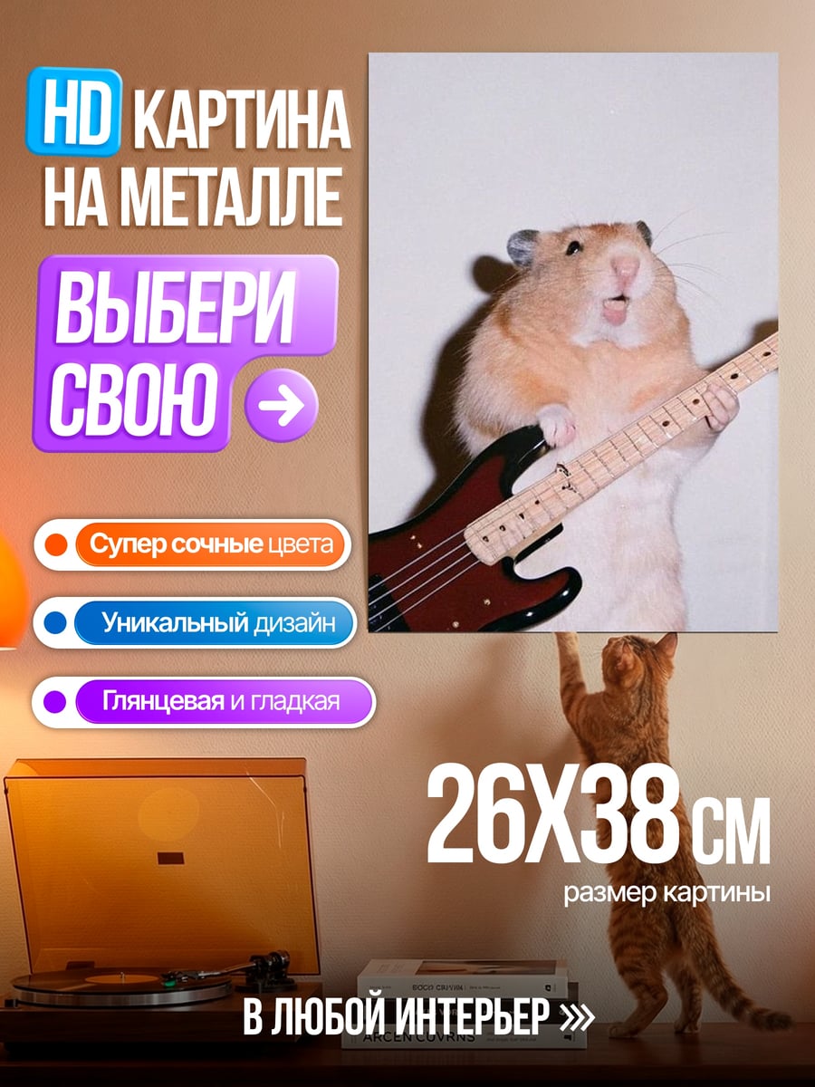 Картина на металле Хомяк с бас гитарой