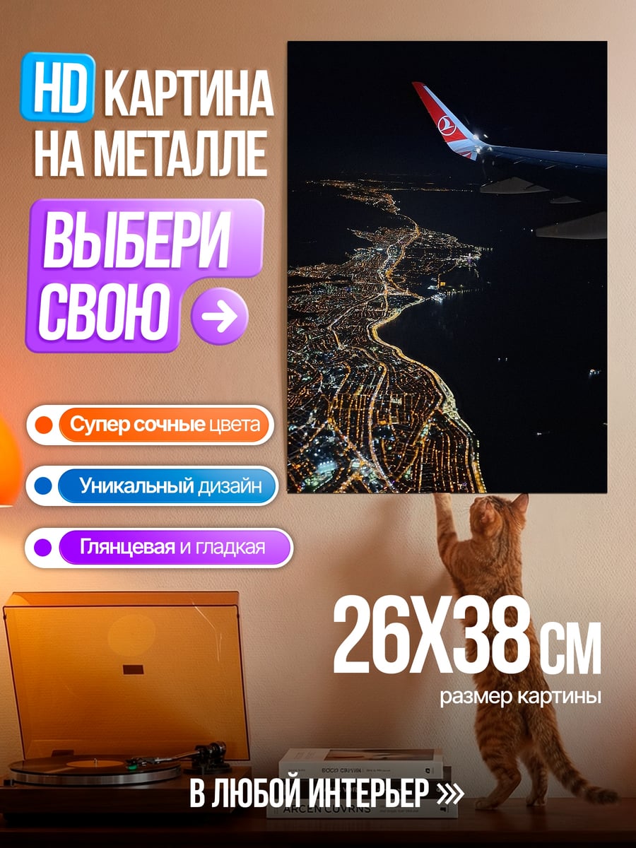 Картина на металле Ночной город с самолета
