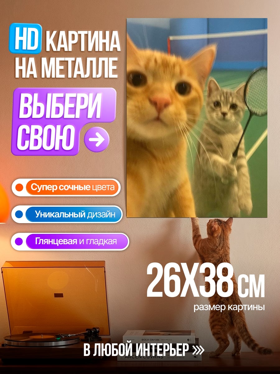 Картина на металле Коты играют в бадминтон