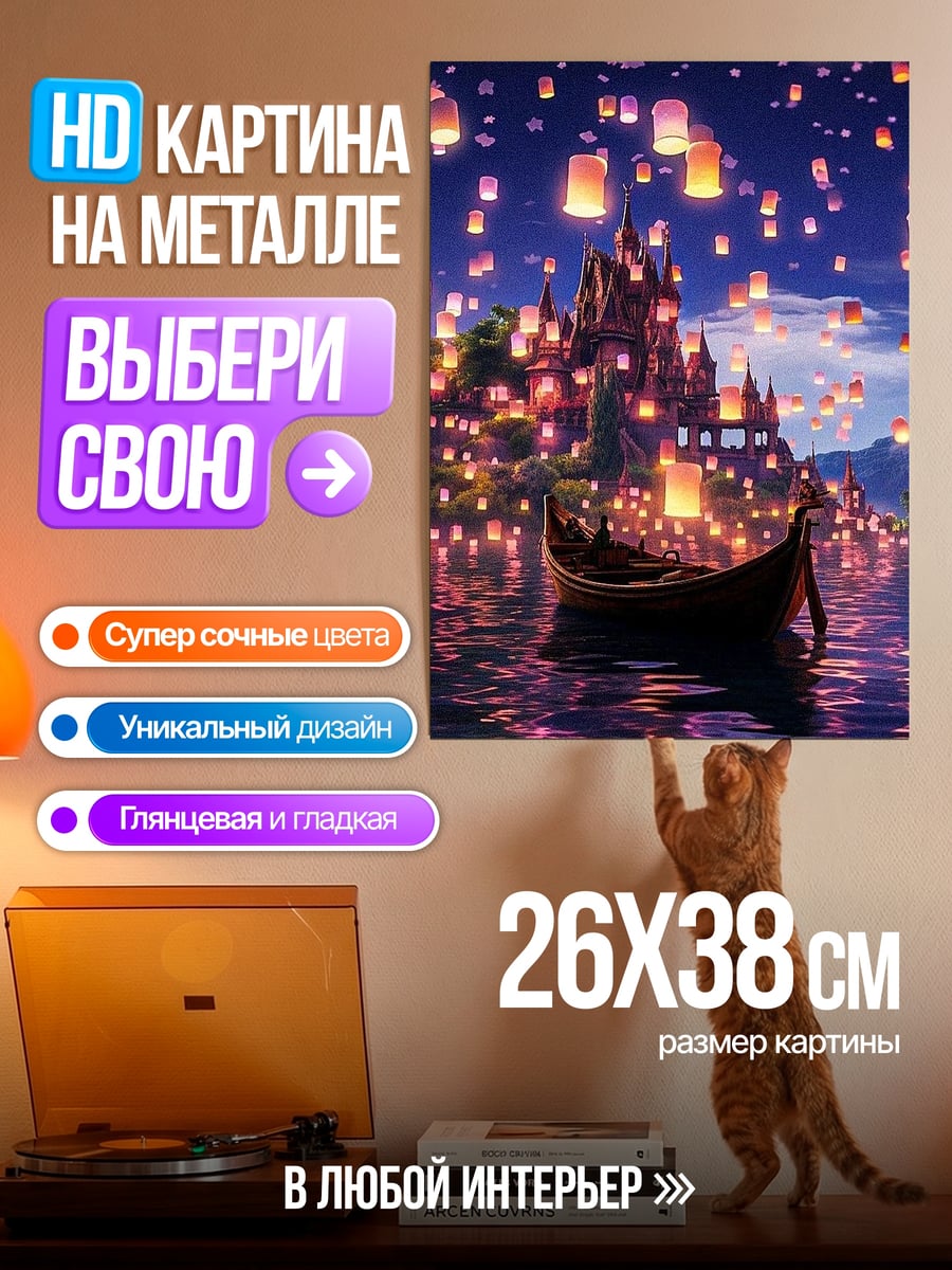 Картина на металле Неоновый город с фонарями