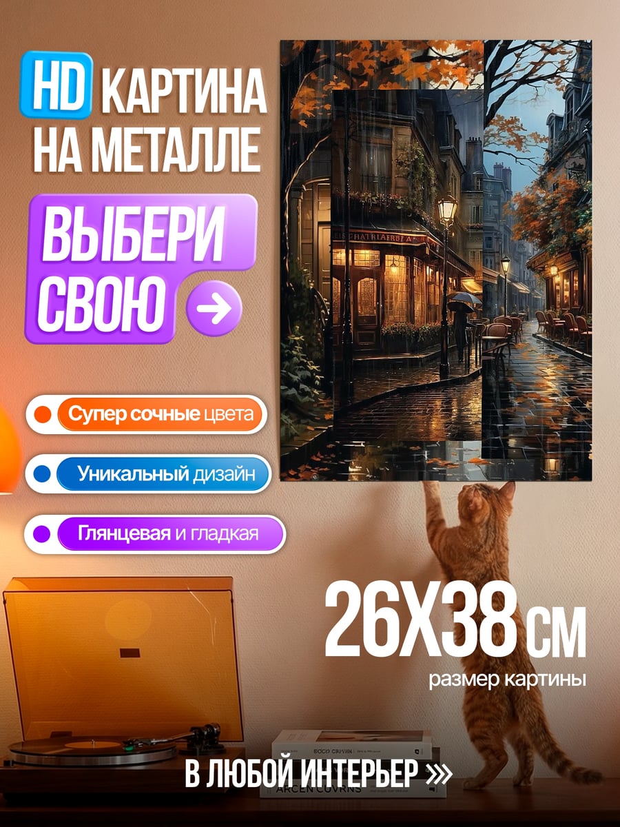 Картина на металле Осенний Париж дождь